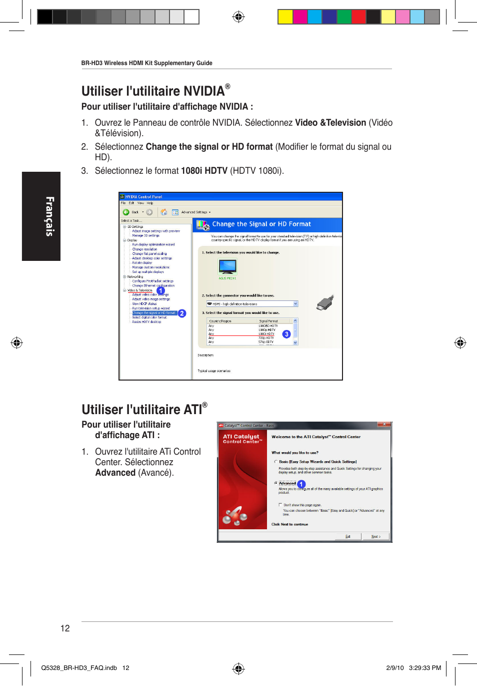 Utiliser l'utilitaire nvidia, Utiliser l'utilitaire ati, Fr ançais | Asus BR-HD3 User Manual | Page 13 / 88