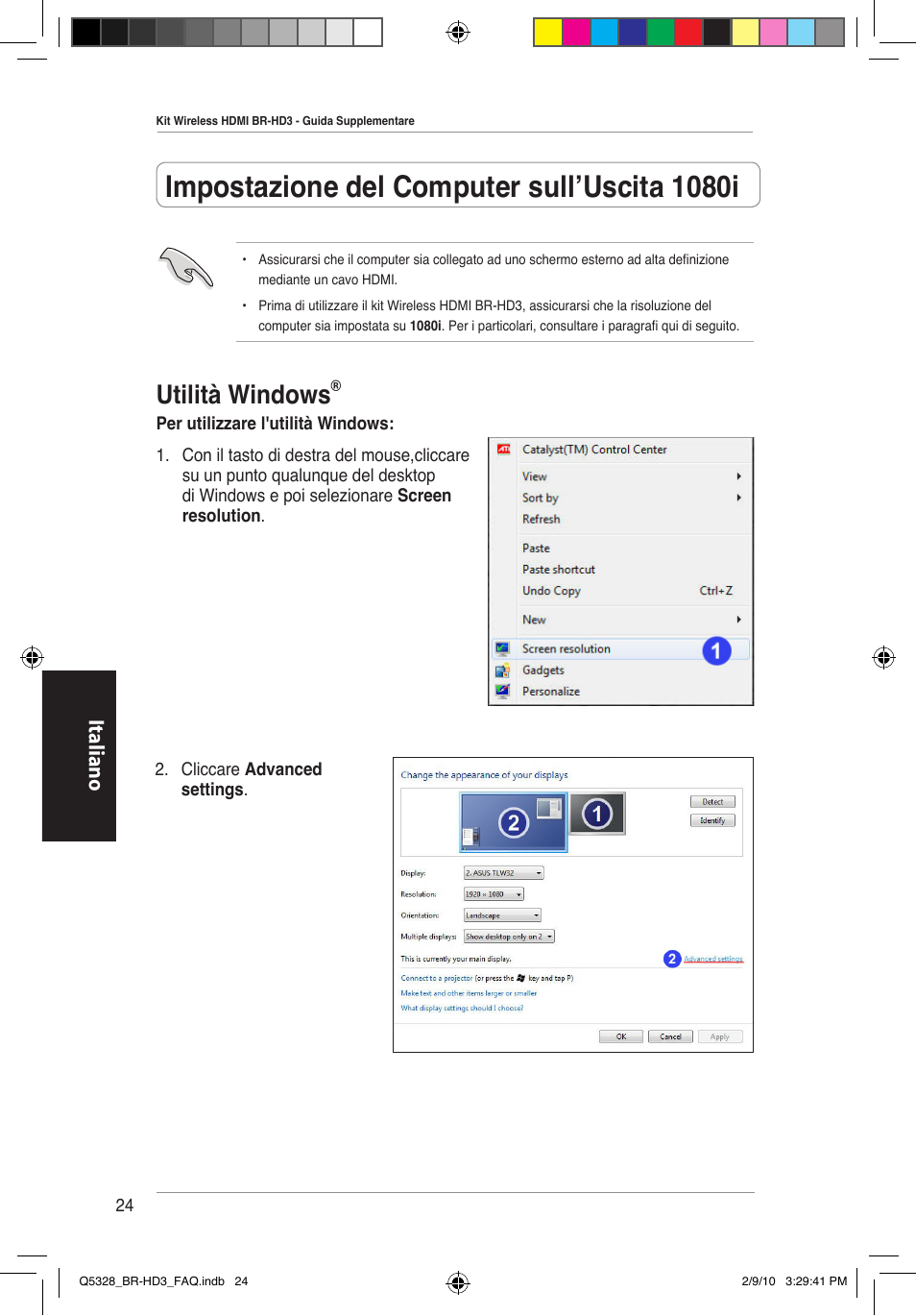 Impostazione del computer sull’uscita 1080i, Utilità windows, Italiano | Asus BR-HD3 User Manual | Page 25 / 88