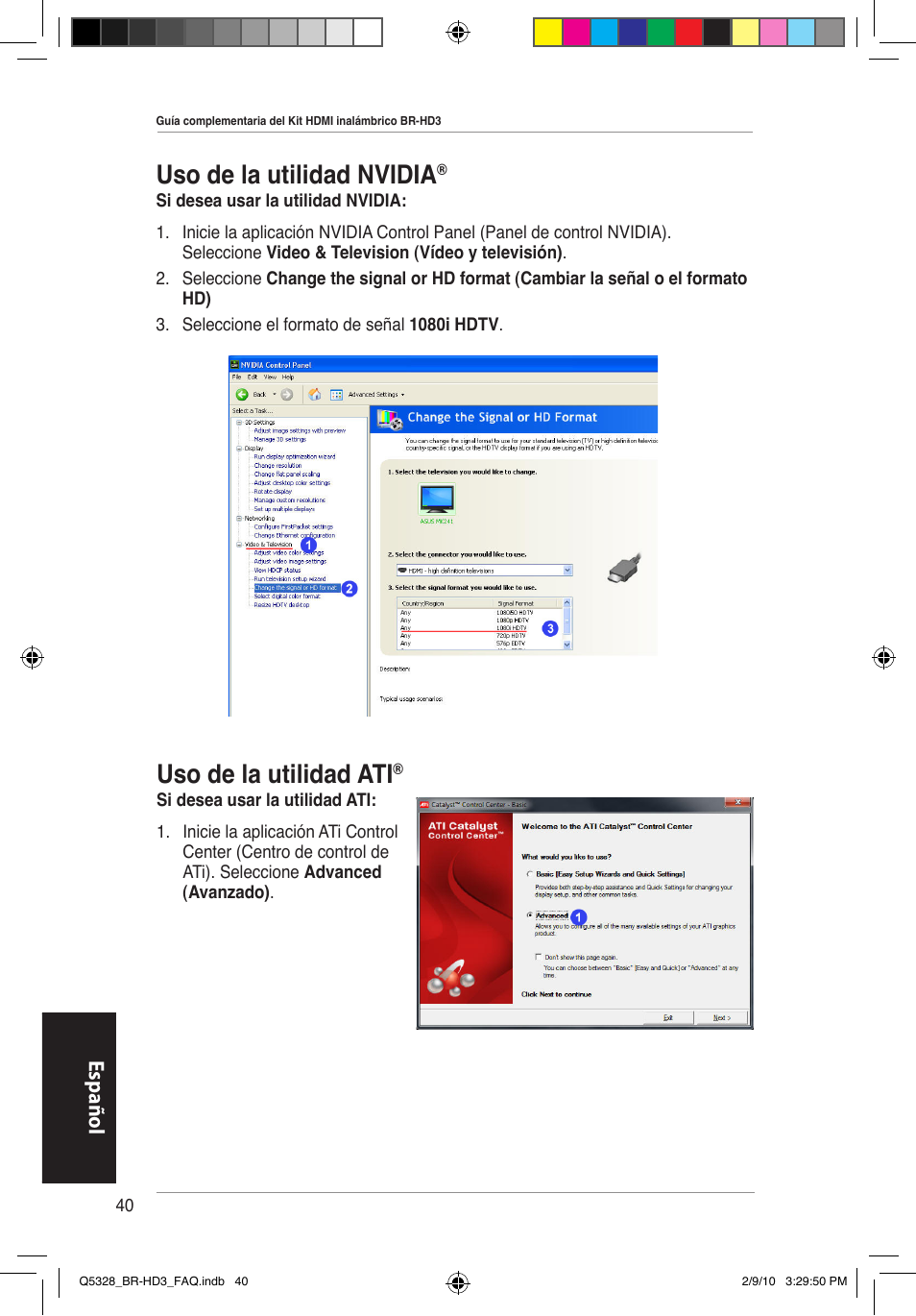 Uso de la utilidad nvidia, Uso de la utilidad ati, Español | Asus BR-HD3 User Manual | Page 41 / 88