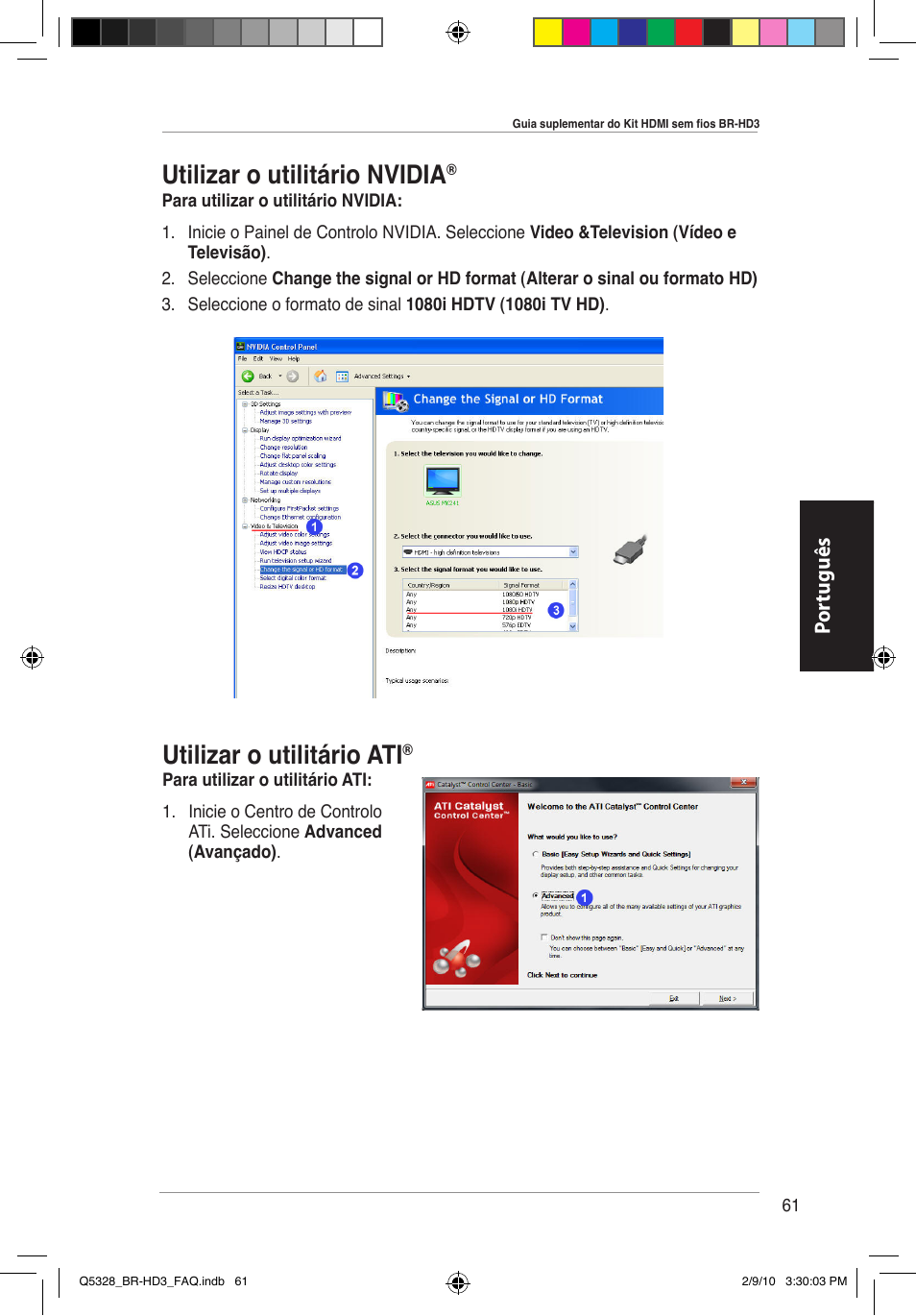 Utilizar o utilitário nvidia, Utilizar o utilitário ati, Por tuguês | Asus BR-HD3 User Manual | Page 62 / 88