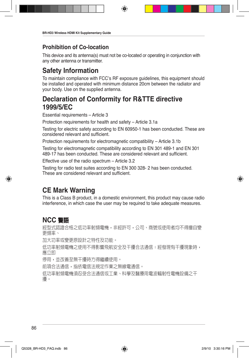 Safety information, Ce mark warning, Prohibition of co-location | Asus BR-HD3 User Manual | Page 87 / 88