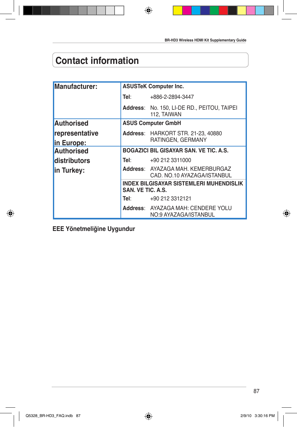 Contact information, Manufacturer, Authorised representative in europe | Authorised distributors in turkey | Asus BR-HD3 User Manual | Page 88 / 88