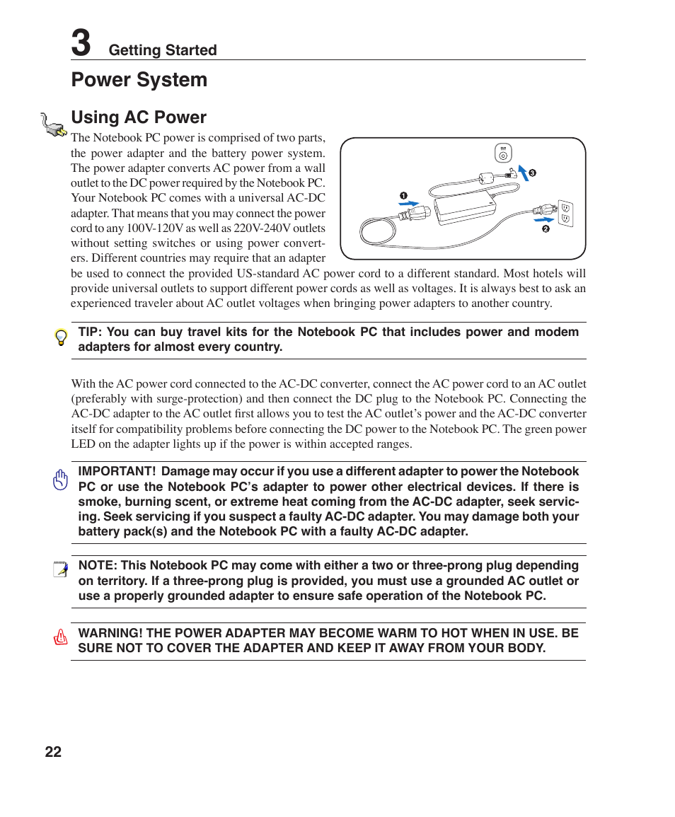 Power system, Using ac power | Asus S6F User Manual | Page 22 / 67