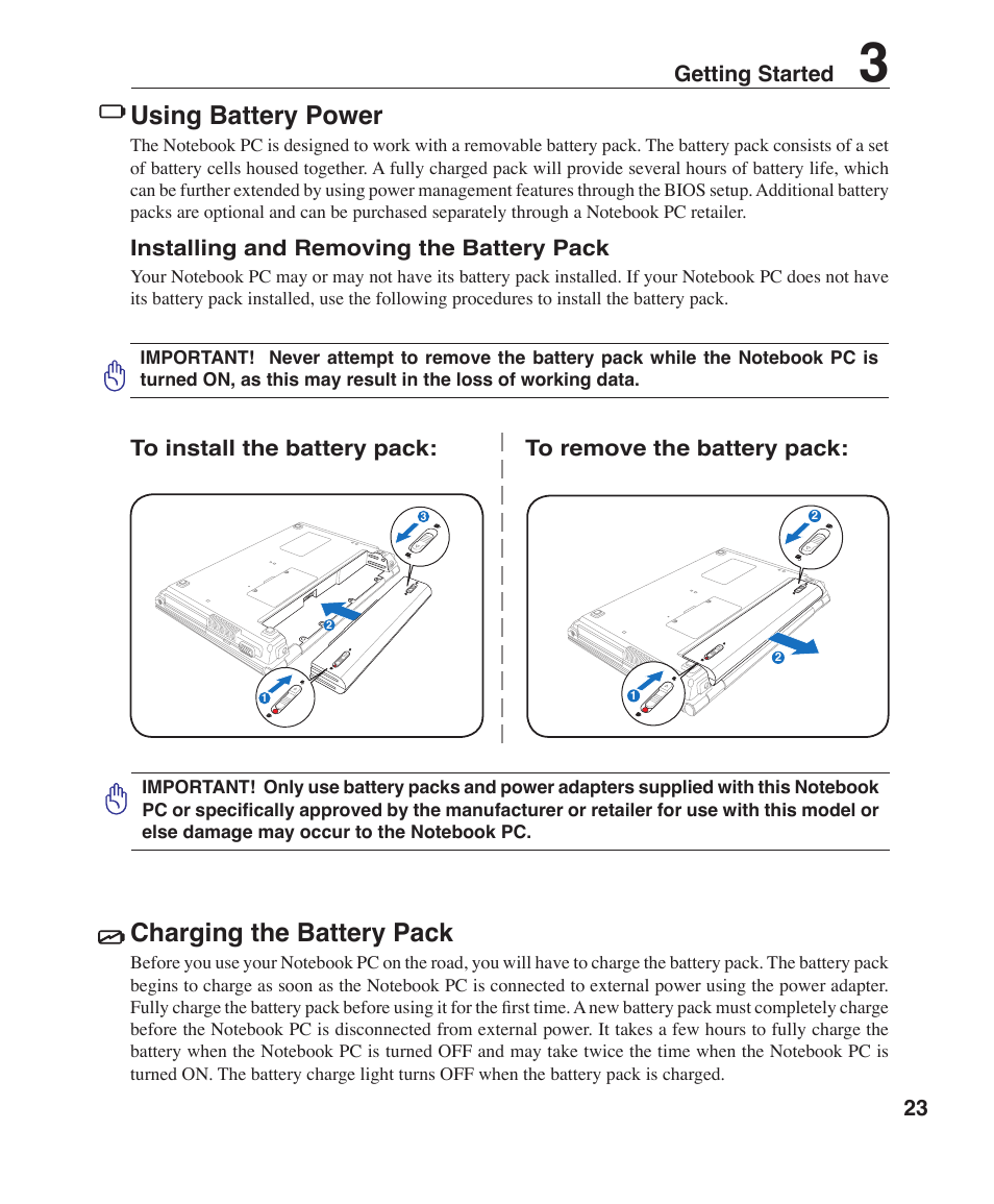 Using battery power, Charging the battery pack | Asus S6F User Manual | Page 23 / 67