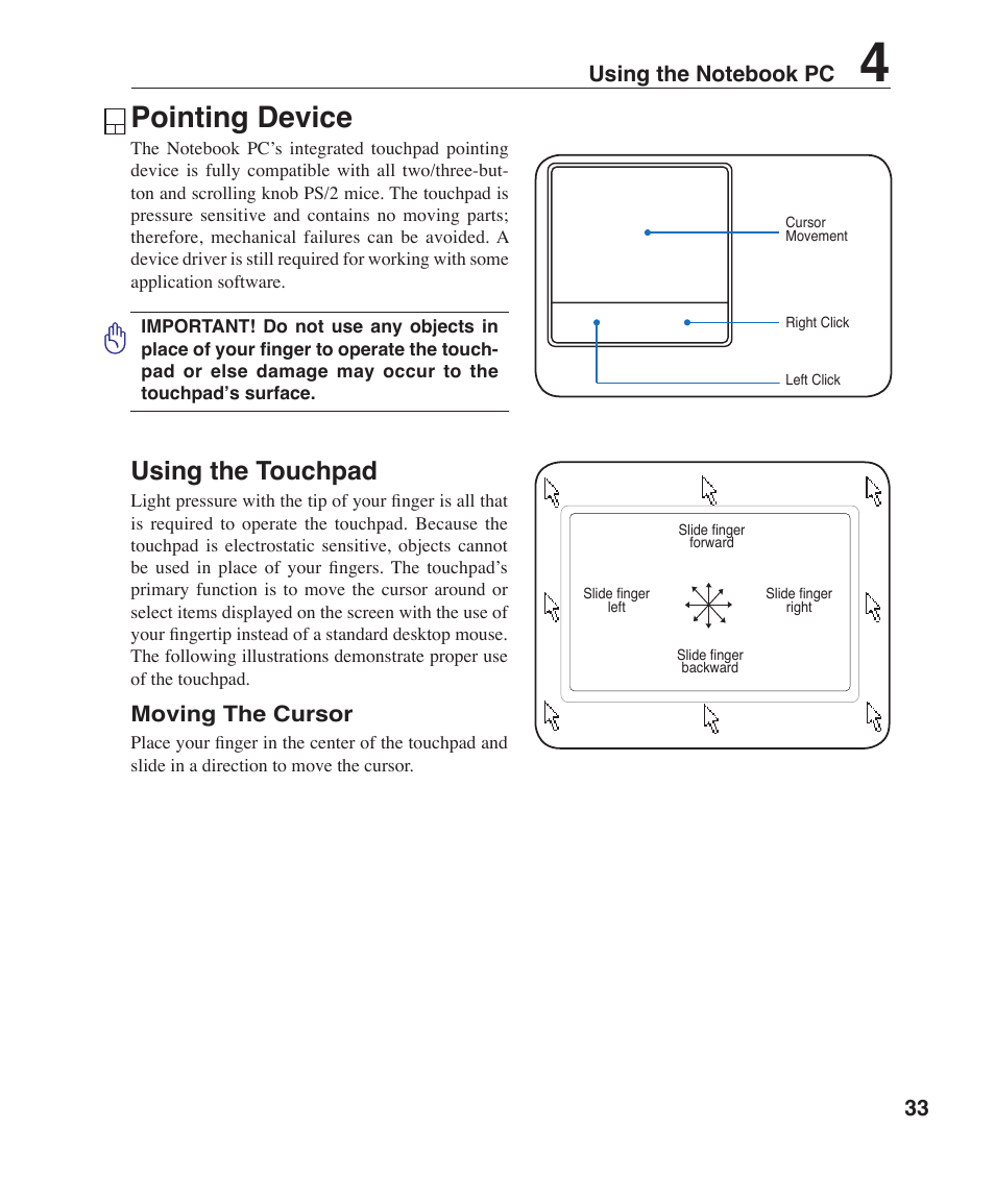 Pointing device, Using the touchpad | Asus S6F User Manual | Page 33 / 67