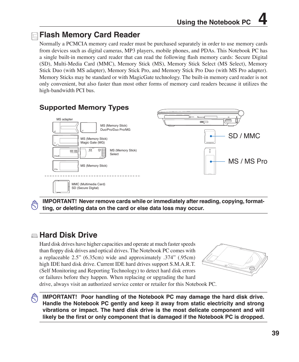 Hard disk drive, Sd / mmc ms / ms pro | Asus S6F User Manual | Page 39 / 67