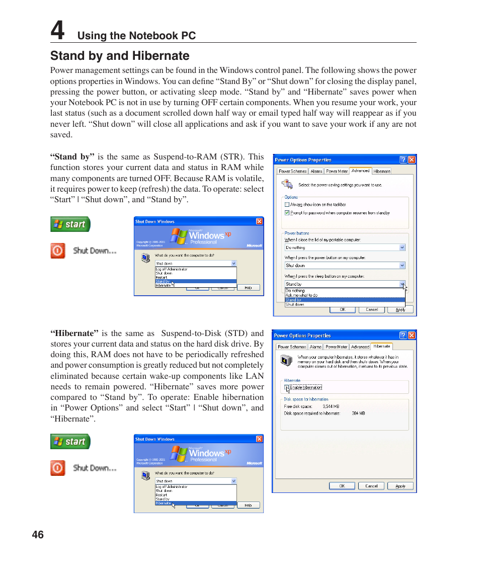 Stand by and hibernate | Asus S6F User Manual | Page 46 / 67