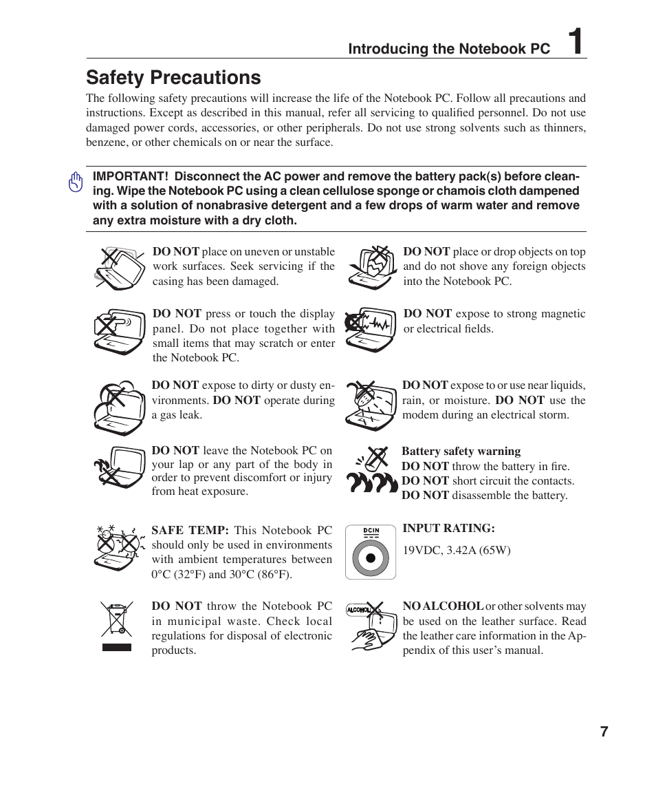 Safety precautions | Asus S6F User Manual | Page 7 / 67