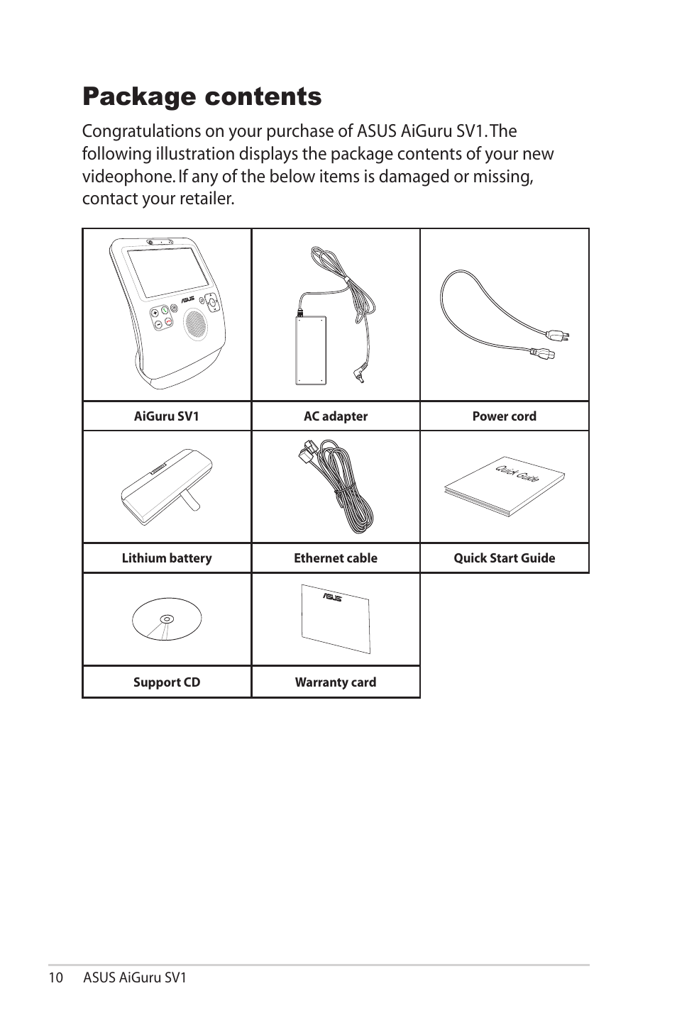 Package contents | Asus AiGuru SV1 User Manual | Page 10 / 32