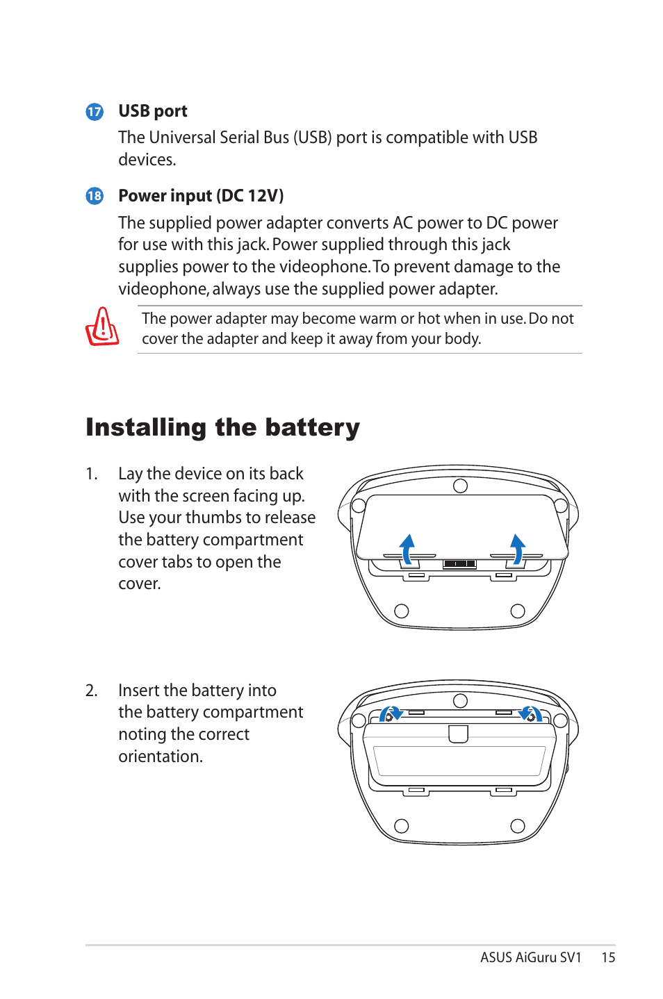 Installing the battery | Asus AiGuru SV1 User Manual | Page 15 / 32