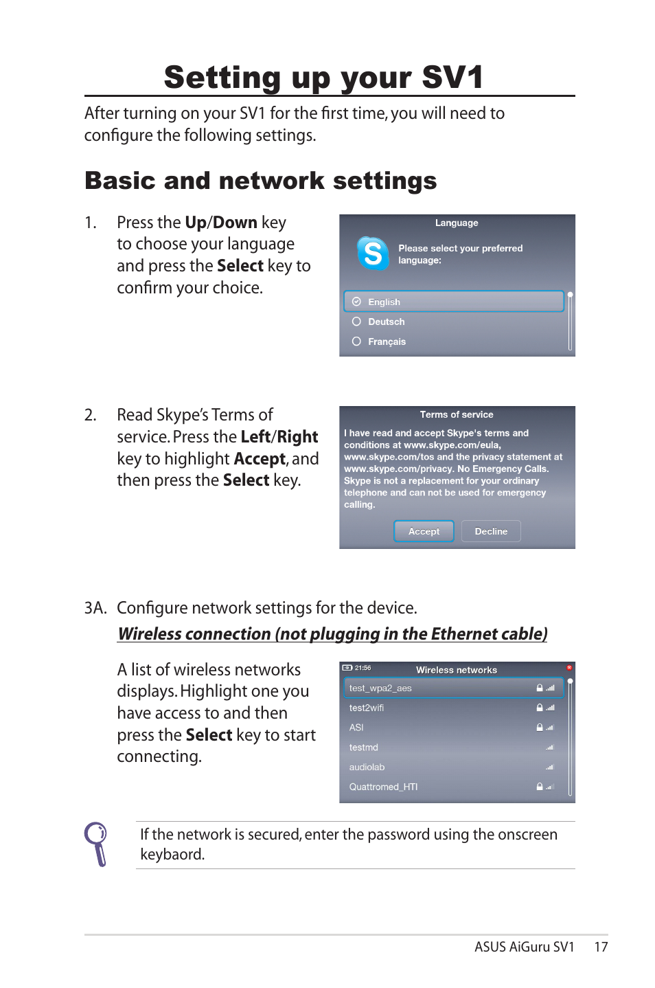 Setting up your sv1, Basic and network settings | Asus AiGuru SV1 User Manual | Page 17 / 32