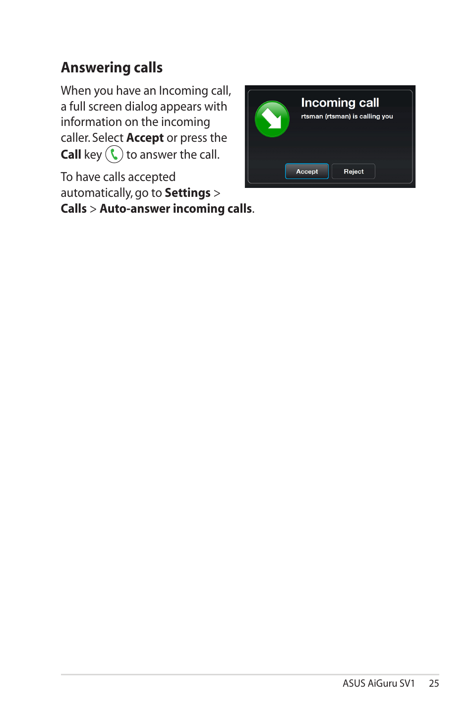 Answering calls | Asus AiGuru SV1 User Manual | Page 25 / 32