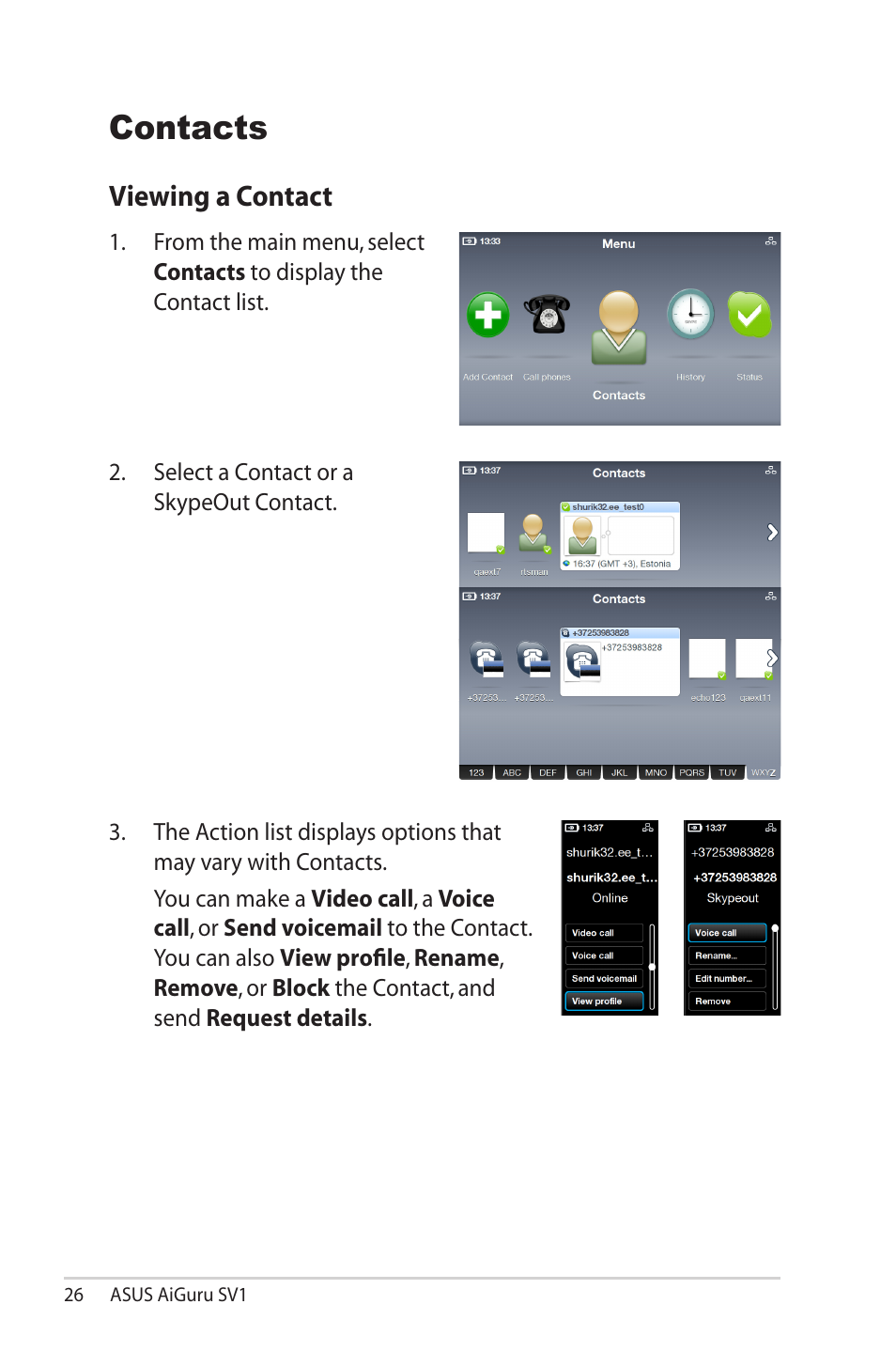 Contacts, Viewing a contact | Asus AiGuru SV1 User Manual | Page 26 / 32