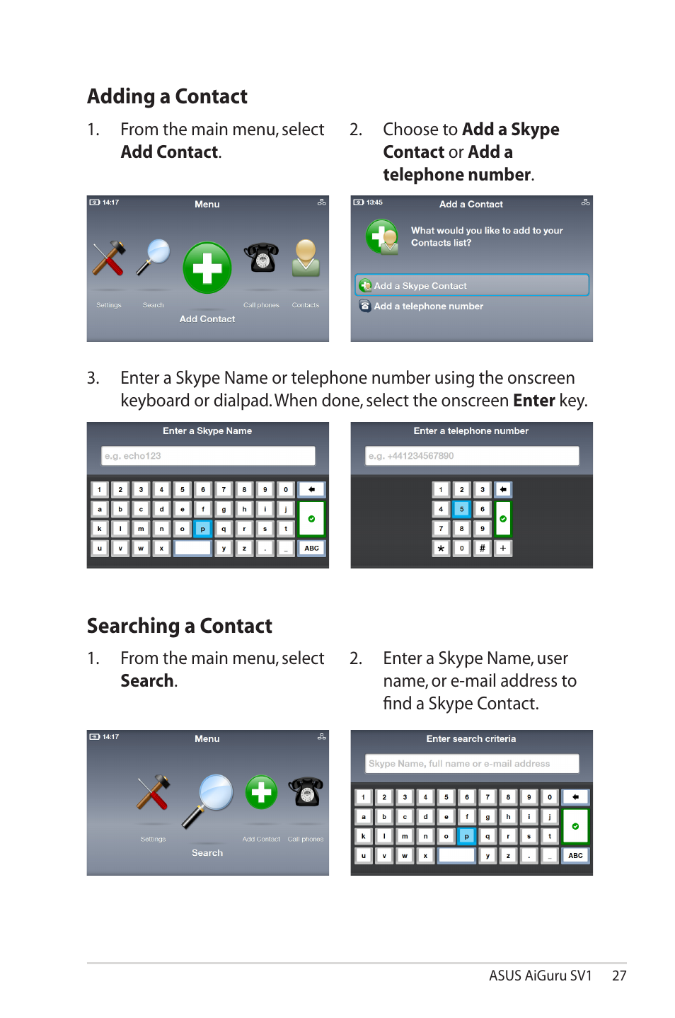 Adding a contact, Searching a contact, Adding a contact searching a contact | Asus AiGuru SV1 User Manual | Page 27 / 32