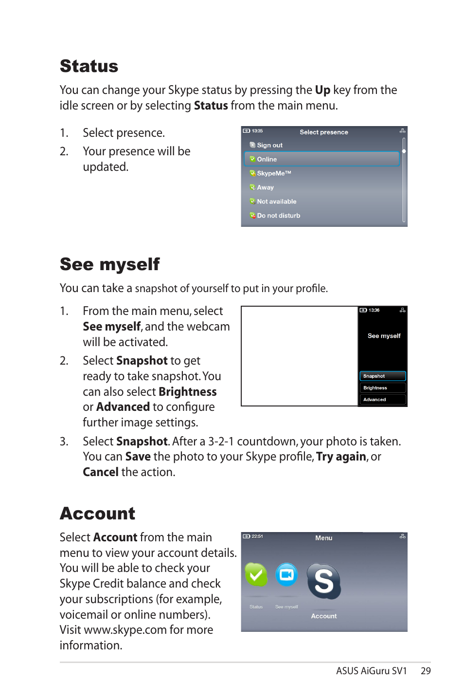 Status, See myself, Account | Status see myself account | Asus AiGuru SV1 User Manual | Page 29 / 32