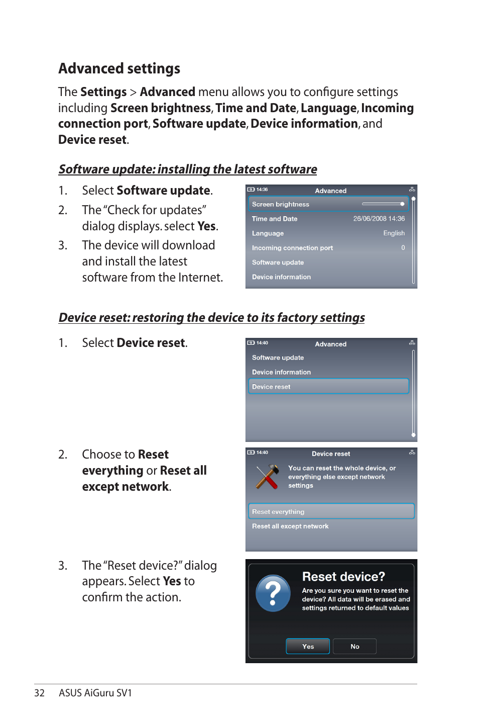 Advanced settings | Asus AiGuru SV1 User Manual | Page 32 / 32