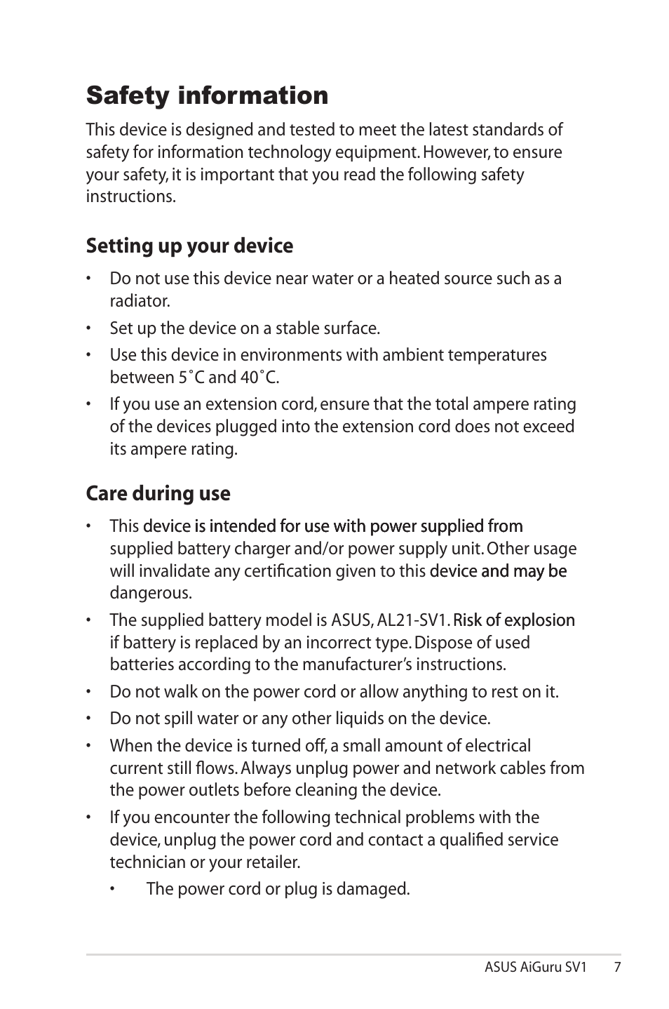Safety information, Setting up your device, Care during use | Asus AiGuru SV1 User Manual | Page 7 / 32