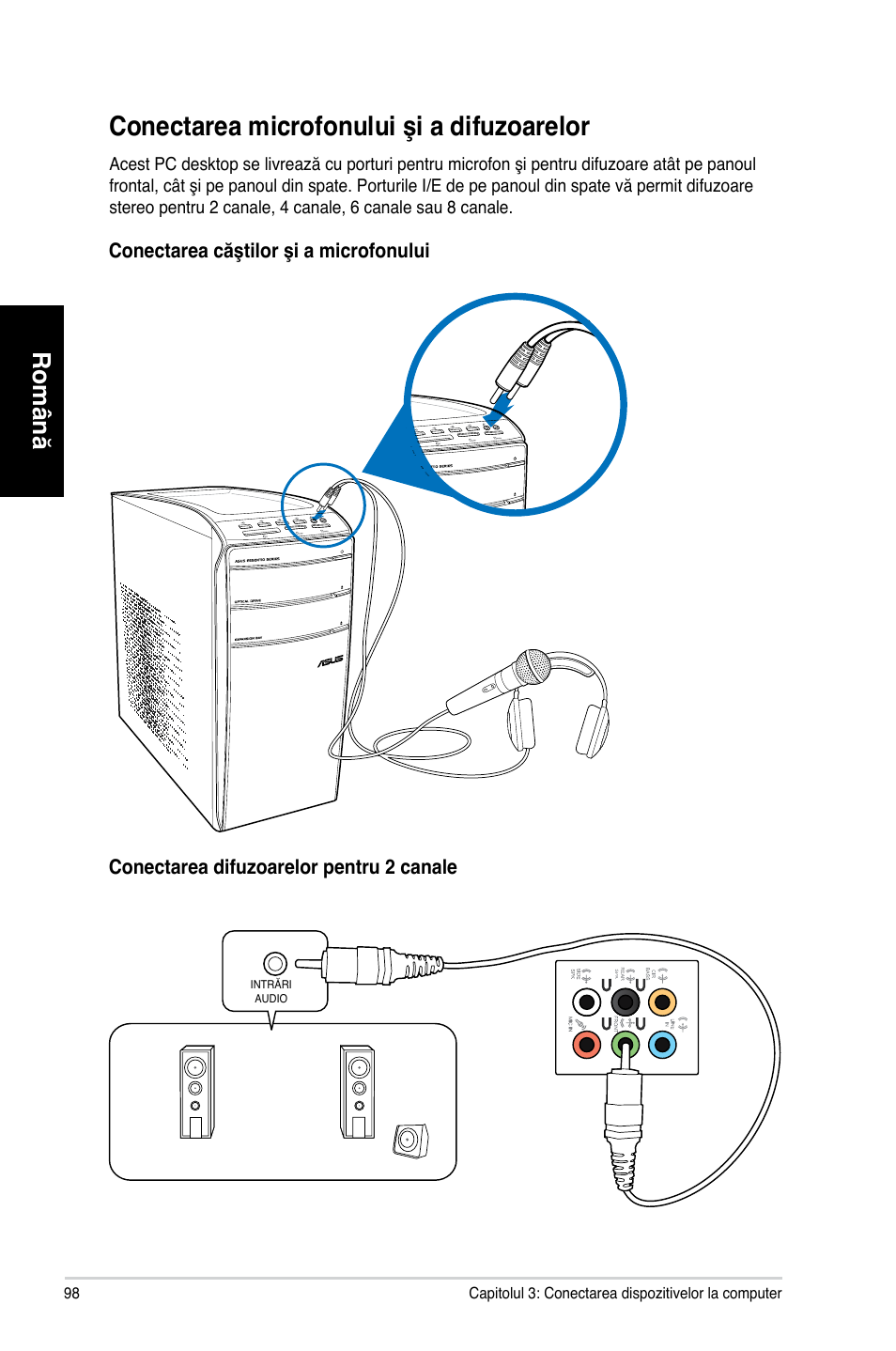 Conectarea microfonului şi a difuzoarelor, Română | Asus CM6870 User Manual | Page 100 / 212