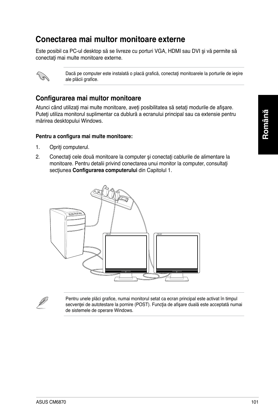 Conectarea mai multor monitoare externe, Conectarea.mai.multor.monitoare.externe, Română | Configurarea mai multor monitoare | Asus CM6870 User Manual | Page 103 / 212