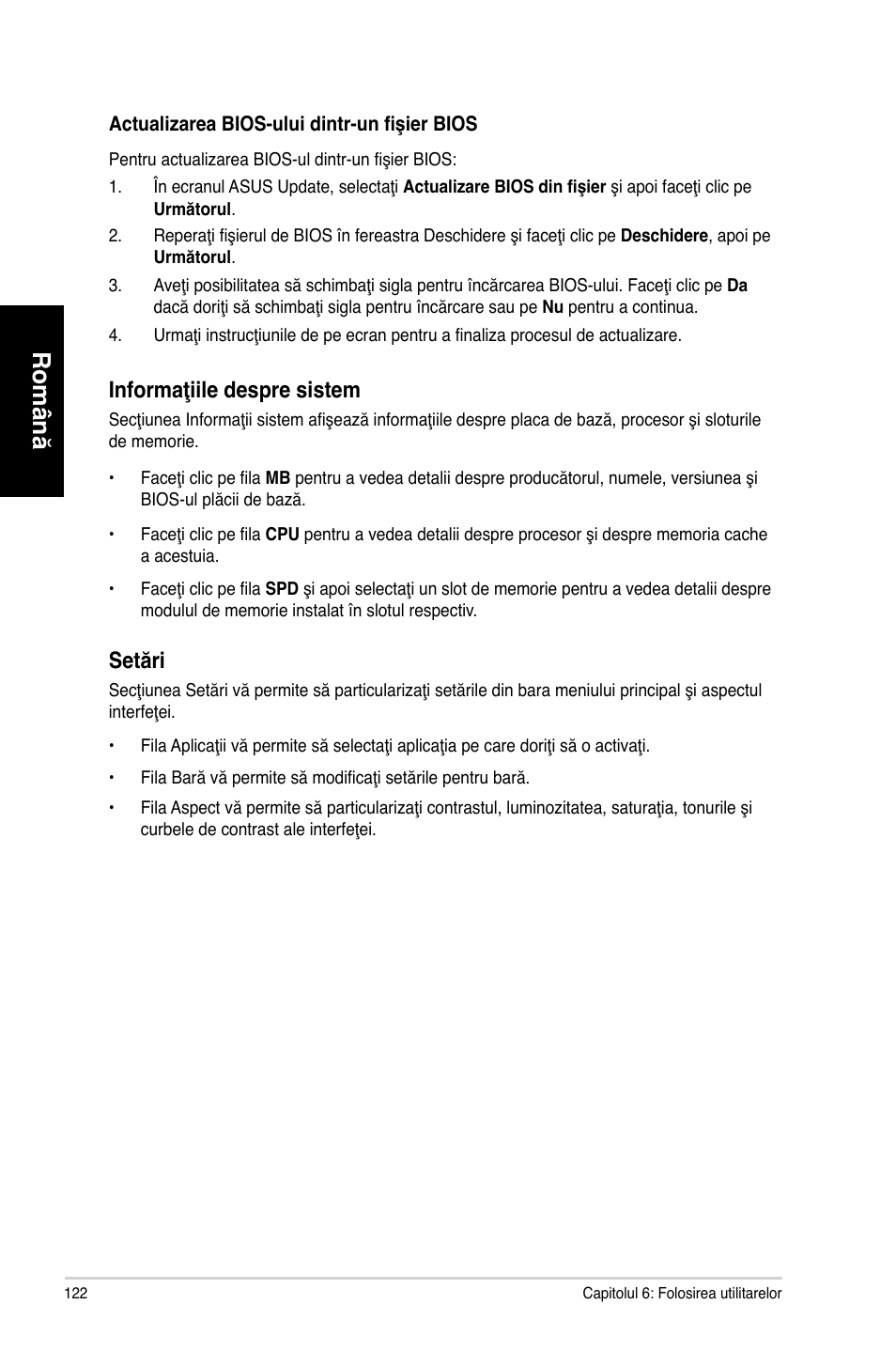 Română, Informaţiile despre sistem, Setări | Asus CM6870 User Manual | Page 124 / 212