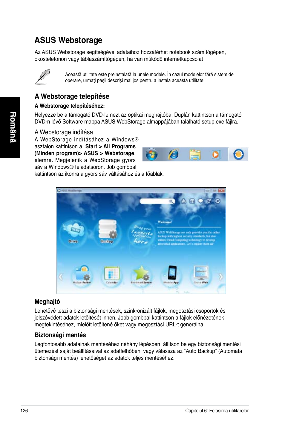 Asus webstorage, Asus webstorage 6, Asus.webstorage | Română, A.webstorage.telepítése | Asus CM6870 User Manual | Page 128 / 212