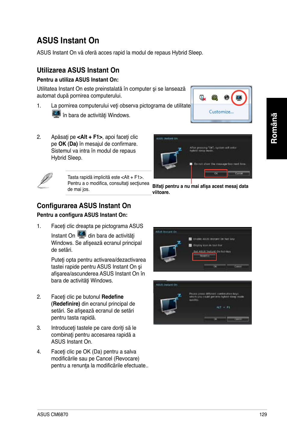 Asus instant on, Asus instant on 9, Asus.instant.on | Română, Utilizarea.asus.instant.on, Configurarea asus instant on | Asus CM6870 User Manual | Page 131 / 212