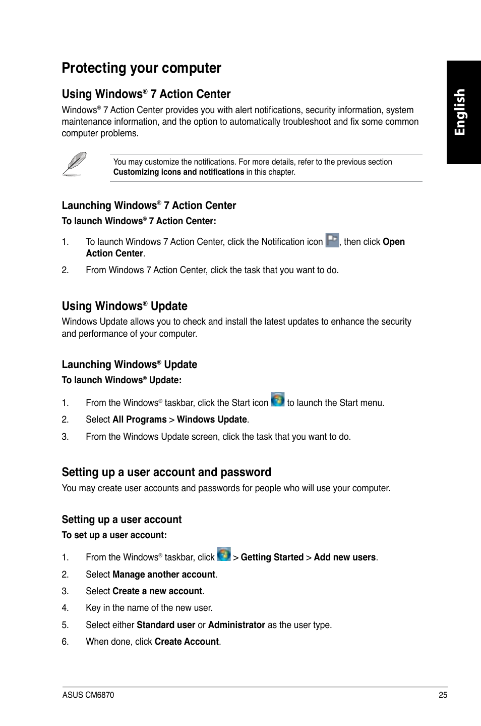 Protecting your computer, English, Using.windows | Action.center, Update | Asus CM6870 User Manual | Page 27 / 212