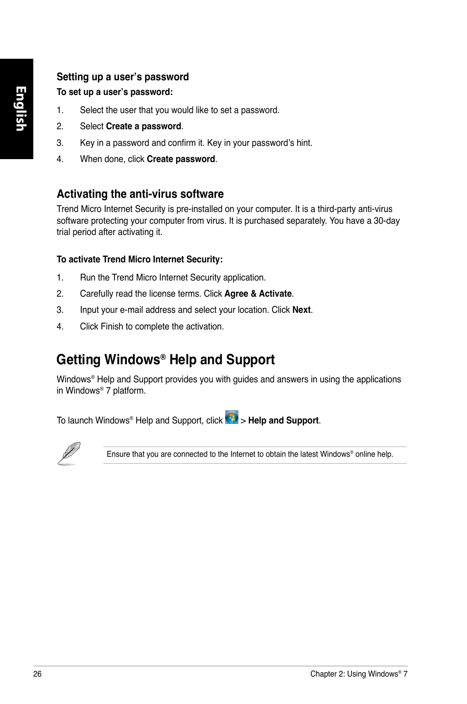 Getting windows® help and support, Getting windows, English | Getting.windows, Help.and.support, Activating.the.anti-virus.software | Asus CM6870 User Manual | Page 28 / 212