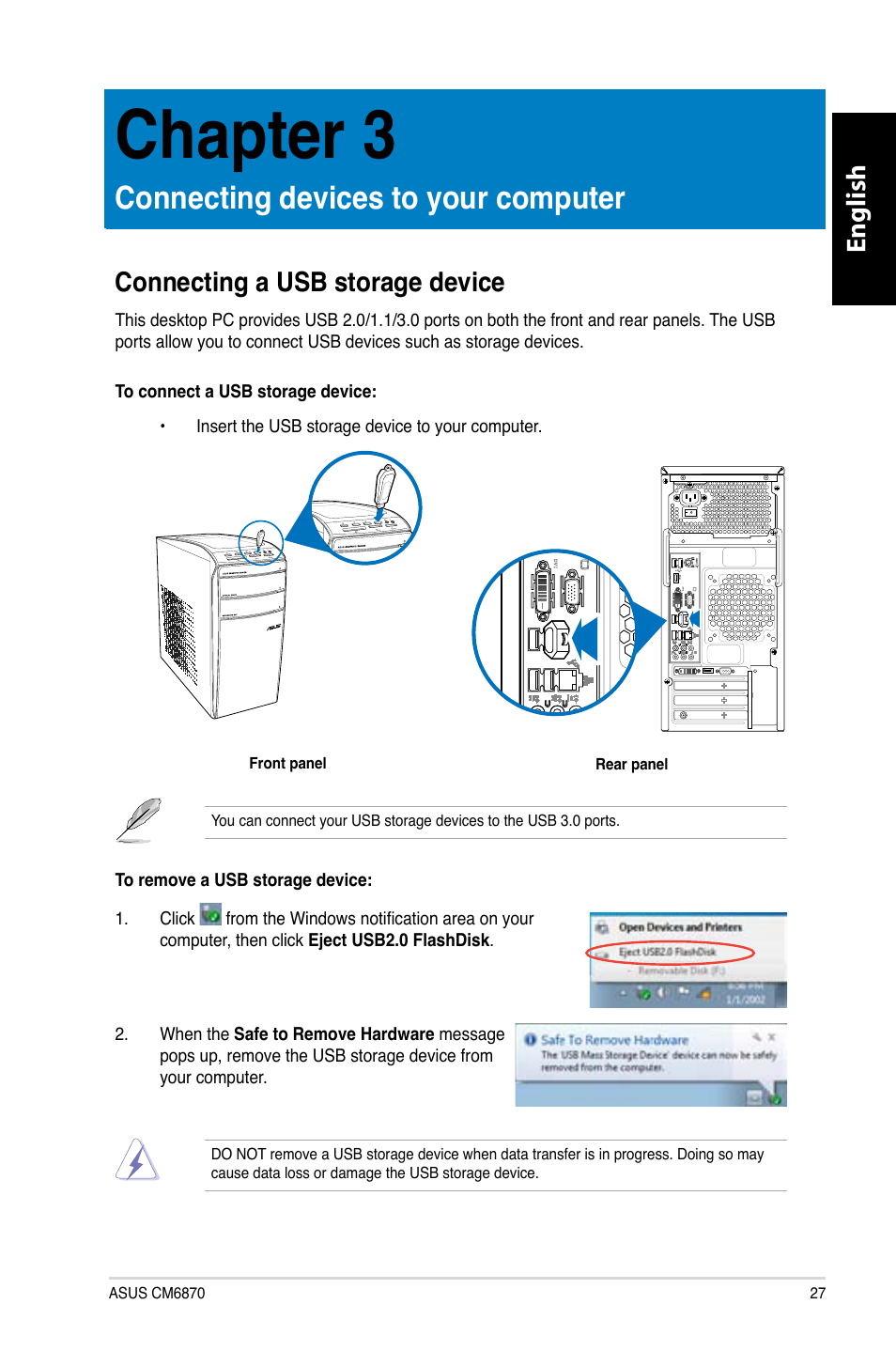 Chapter 3: connecting devices to your computer, Connecting a usb storage device, Connecting.devices.to.your.computer | Chapter.3, English | Asus CM6870 User Manual | Page 29 / 212