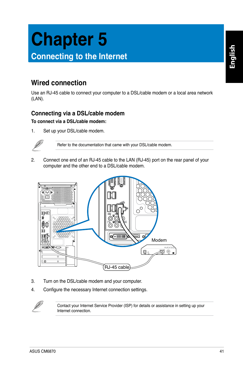 Chapter 5: connecting to the internet, Wired connection, Connecting.to.the.internet | Chapter.5, English, Wired.connection | Asus CM6870 User Manual | Page 43 / 212