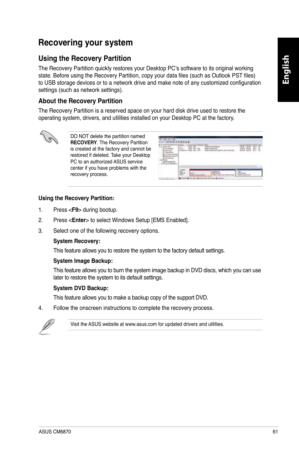 Recovering your system, English, English recovering.your.system | Using.the.recovery.partition | Asus CM6870 User Manual | Page 63 / 212