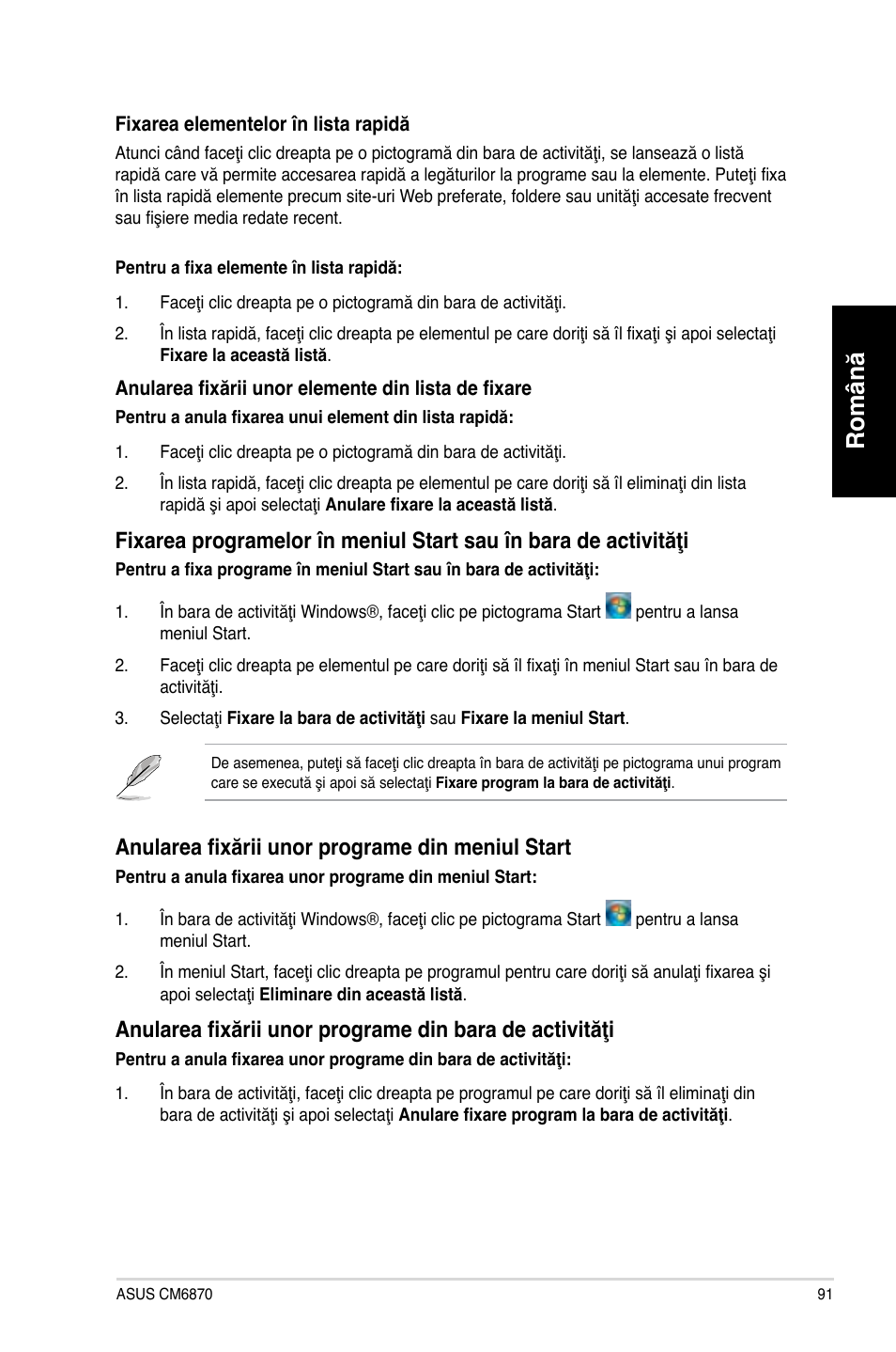 Română, Anularea fixării unor programe din meniul start | Asus CM6870 User Manual | Page 93 / 212