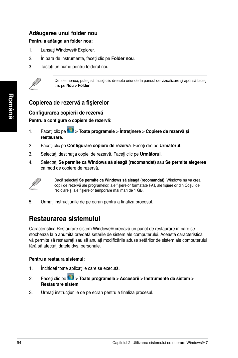 Restaurarea sistemului, Restaurarea.sistemului, Română | Adăugarea unui folder nou, Copierea de rezervă a fişierelor | Asus CM6870 User Manual | Page 96 / 212