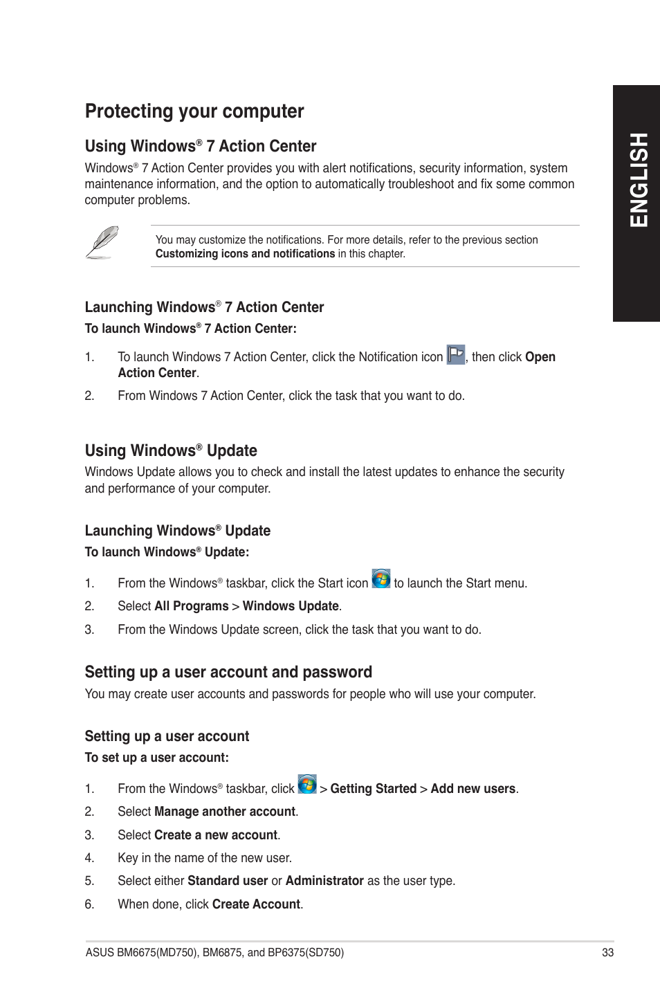 Protecting your computer, En g lis h en g li sh | Asus BP6375 User Manual | Page 33 / 70