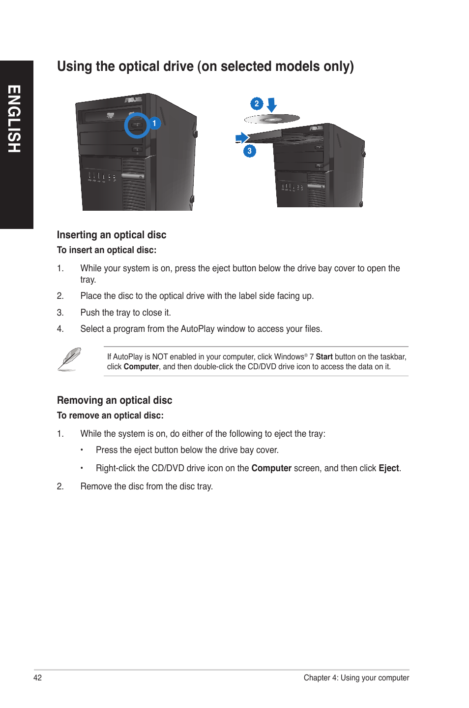 Using the optical drive (on selected models only), En g lis h en g li sh | Asus BP6375 User Manual | Page 42 / 70