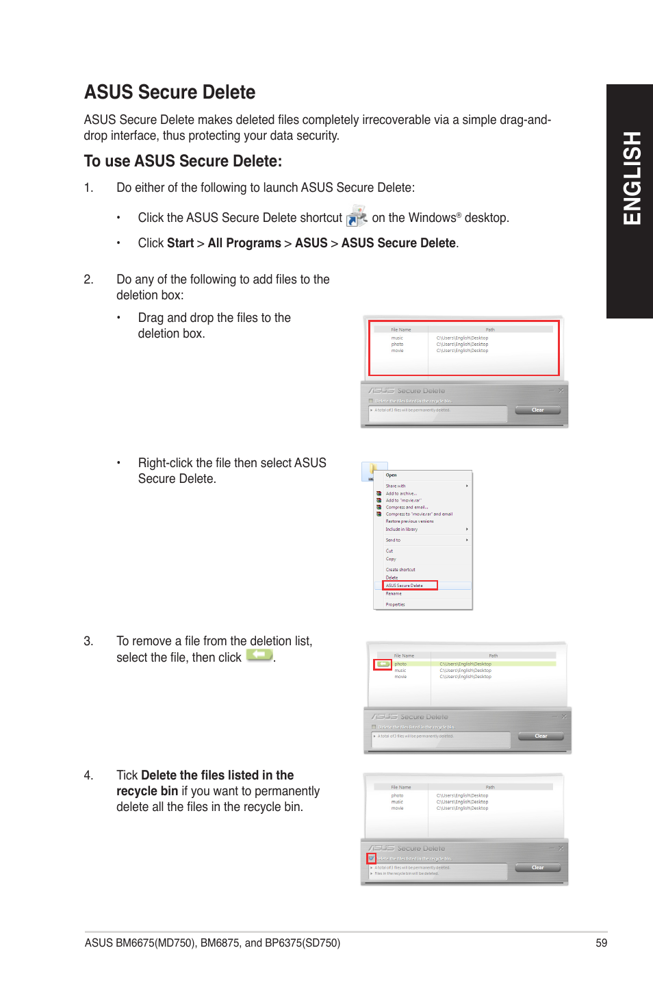 Asus secure delete, En g lis h en g li sh | Asus BP6375 User Manual | Page 59 / 70