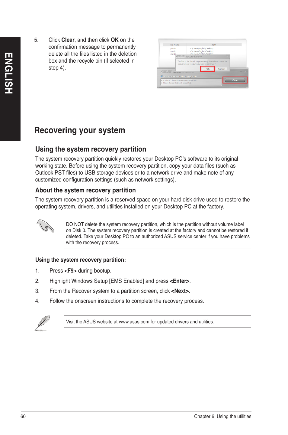 Recovering your system, En g lis h en g li sh en g lis h en g li sh | Asus BP6375 User Manual | Page 60 / 70