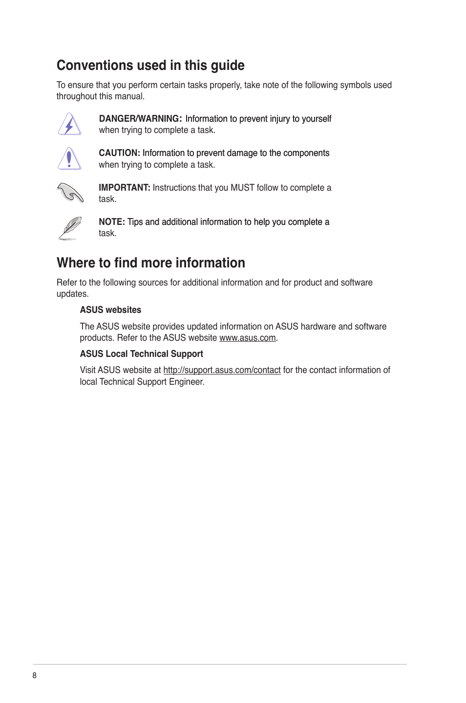 Conventions used in this guide, Where to find more information | Asus BP6375 User Manual | Page 8 / 70