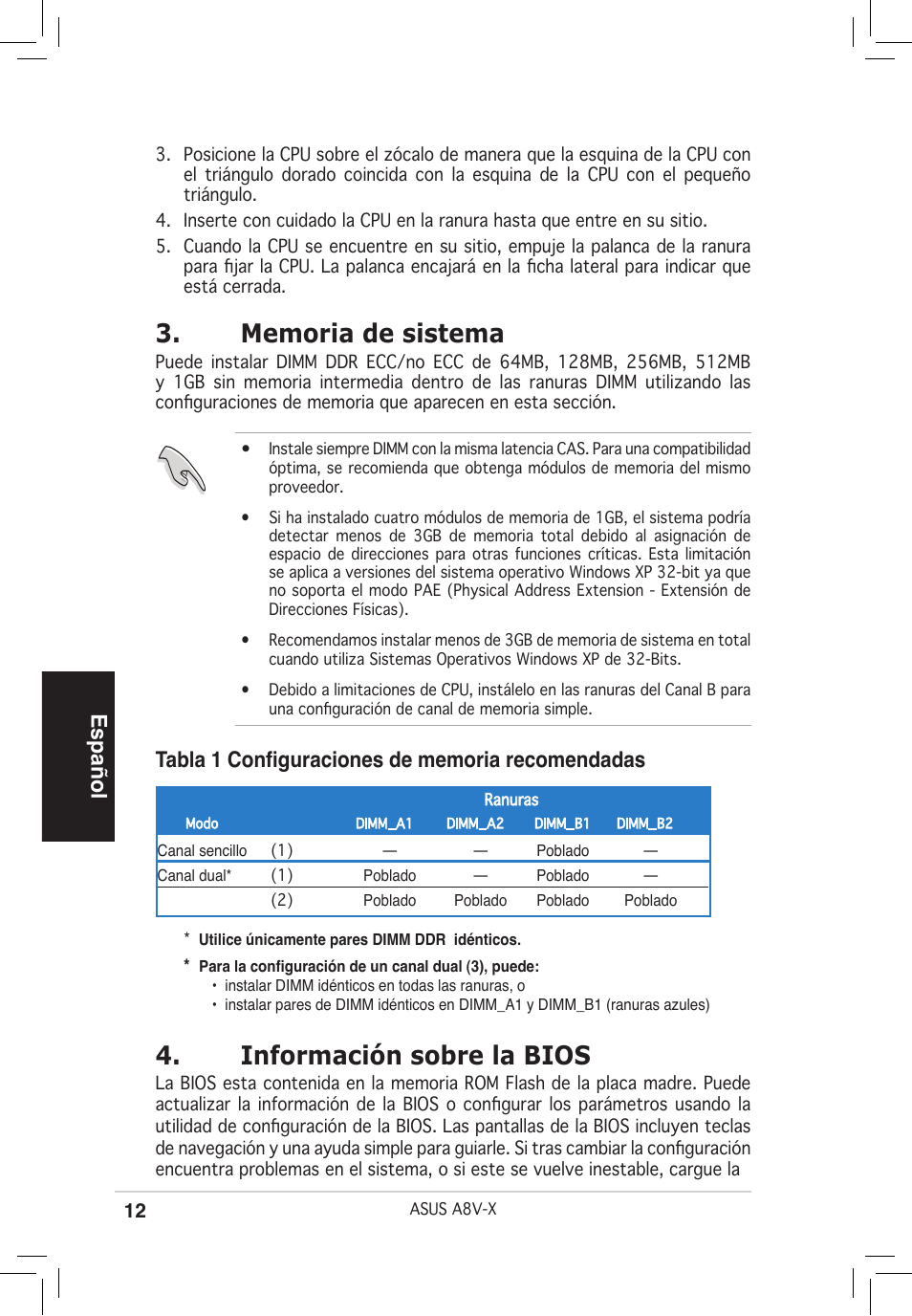 Información sobre la bios, Español | Asus A8V-X User Manual | Page 12 / 38