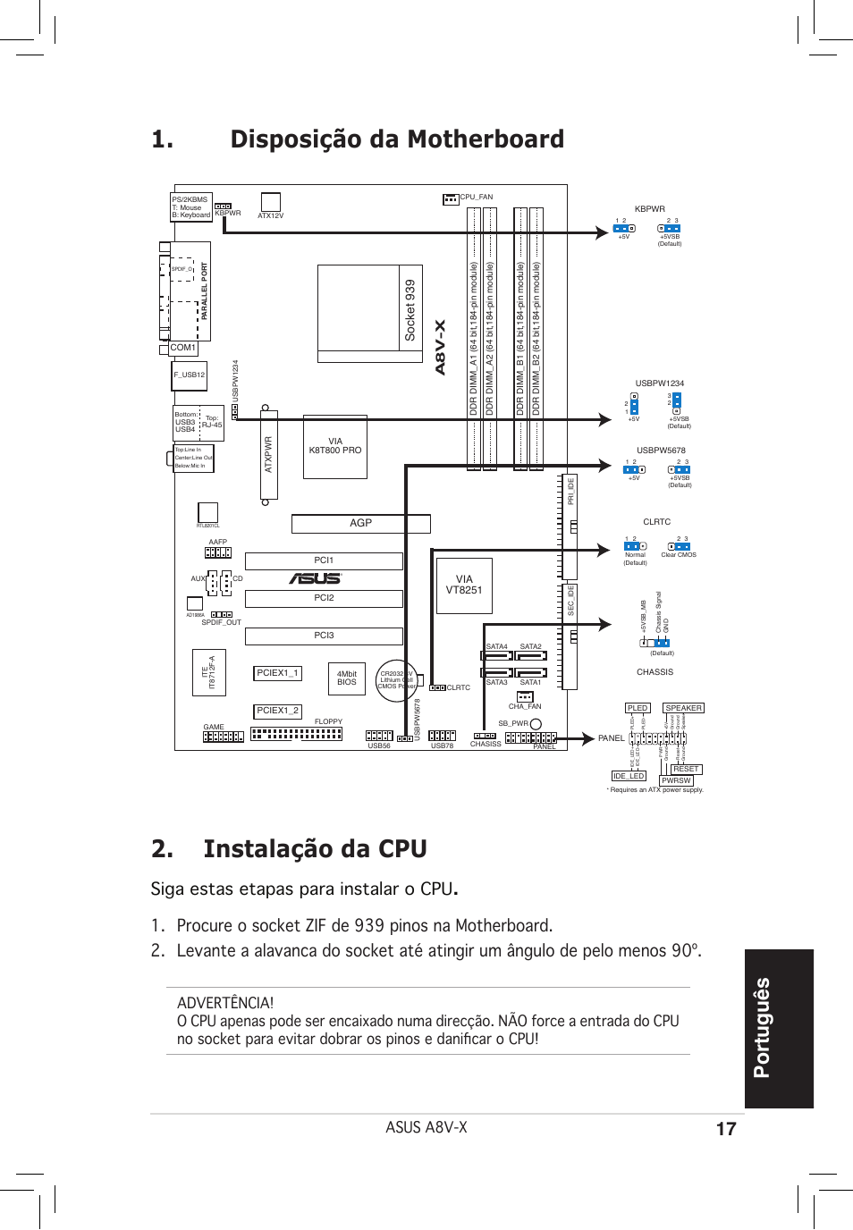 Disposição da motherboard 2. instalação da cpu, Português, Siga estas etapas para instalar o cpu | Asus a8v-x, A8 v -x, Socket 939 | Asus A8V-X User Manual | Page 17 / 38