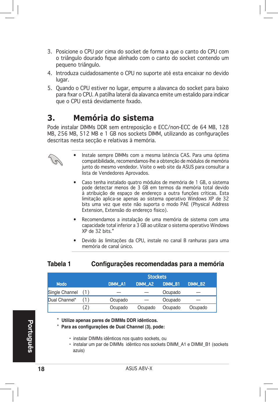 Memória do sistema, Português, Tabela 1 configurações recomendadas para a memória | Asus A8V-X User Manual | Page 18 / 38
