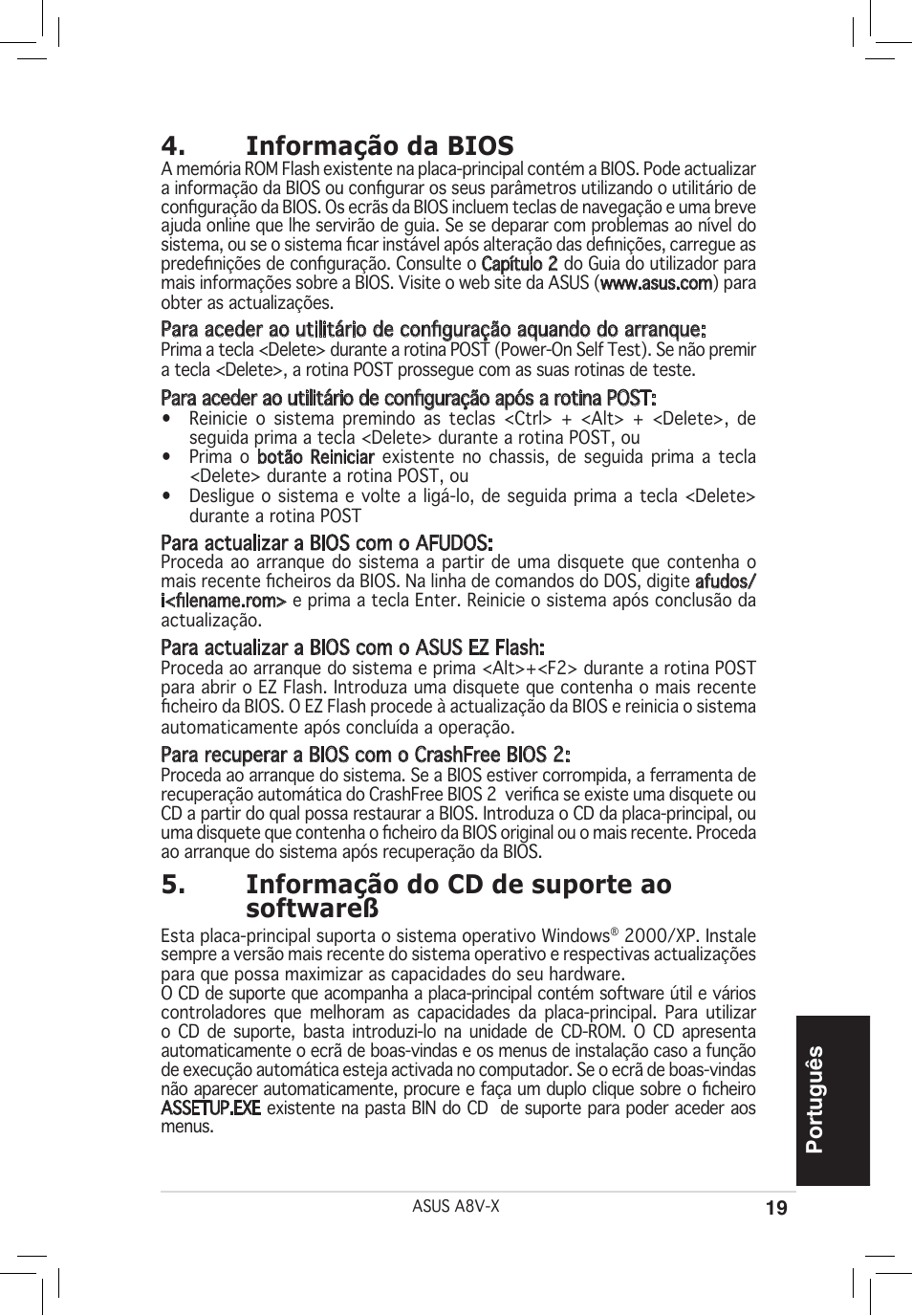 Informação da bios, Informação do cd de suporte ao softwareß, Português | Asus A8V-X User Manual | Page 19 / 38