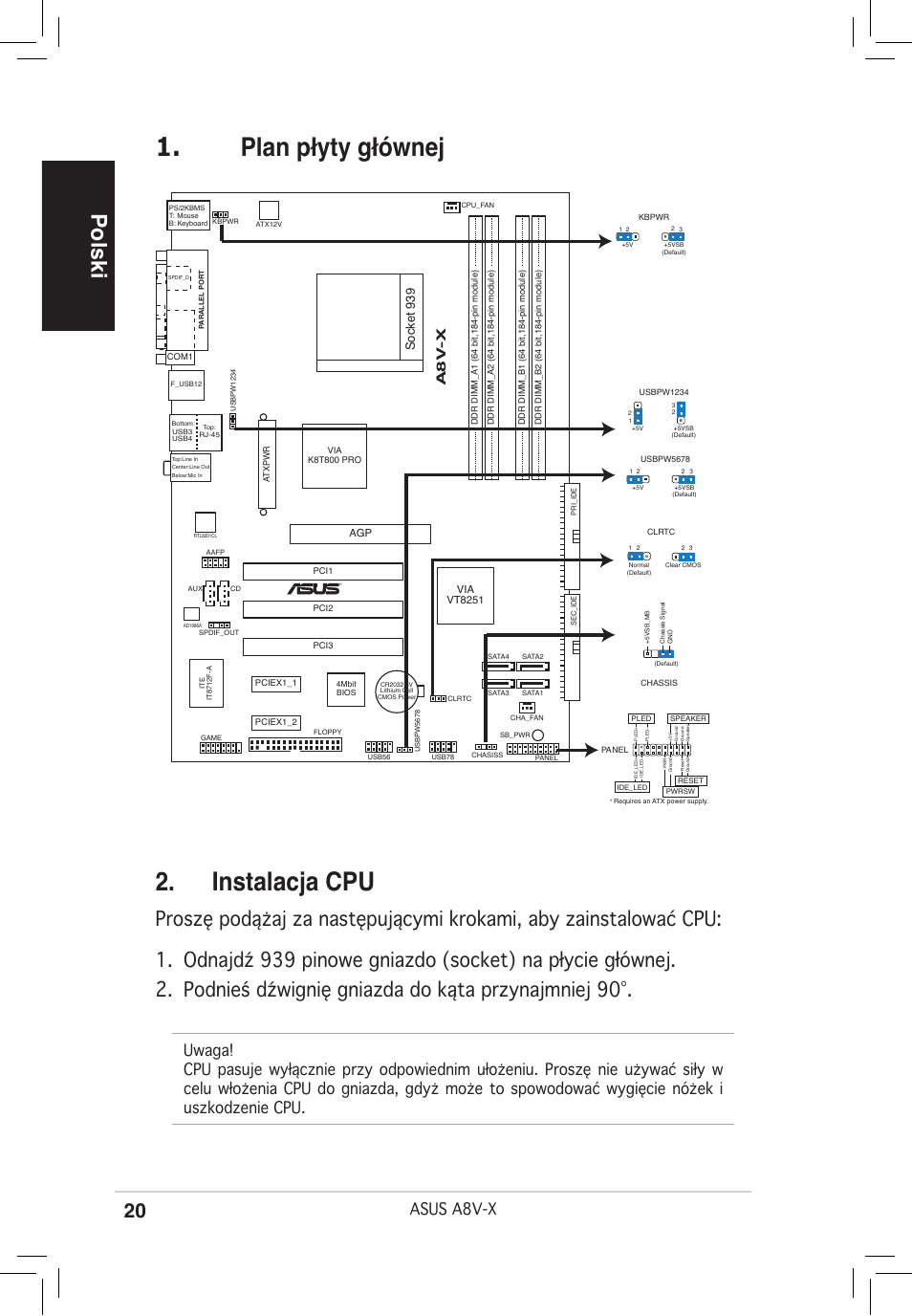 Plan płyty głównej 2. instalacja cpu, Polski, Asus a8v-x | A8 v -x, Socket 939 | Asus A8V-X User Manual | Page 20 / 38