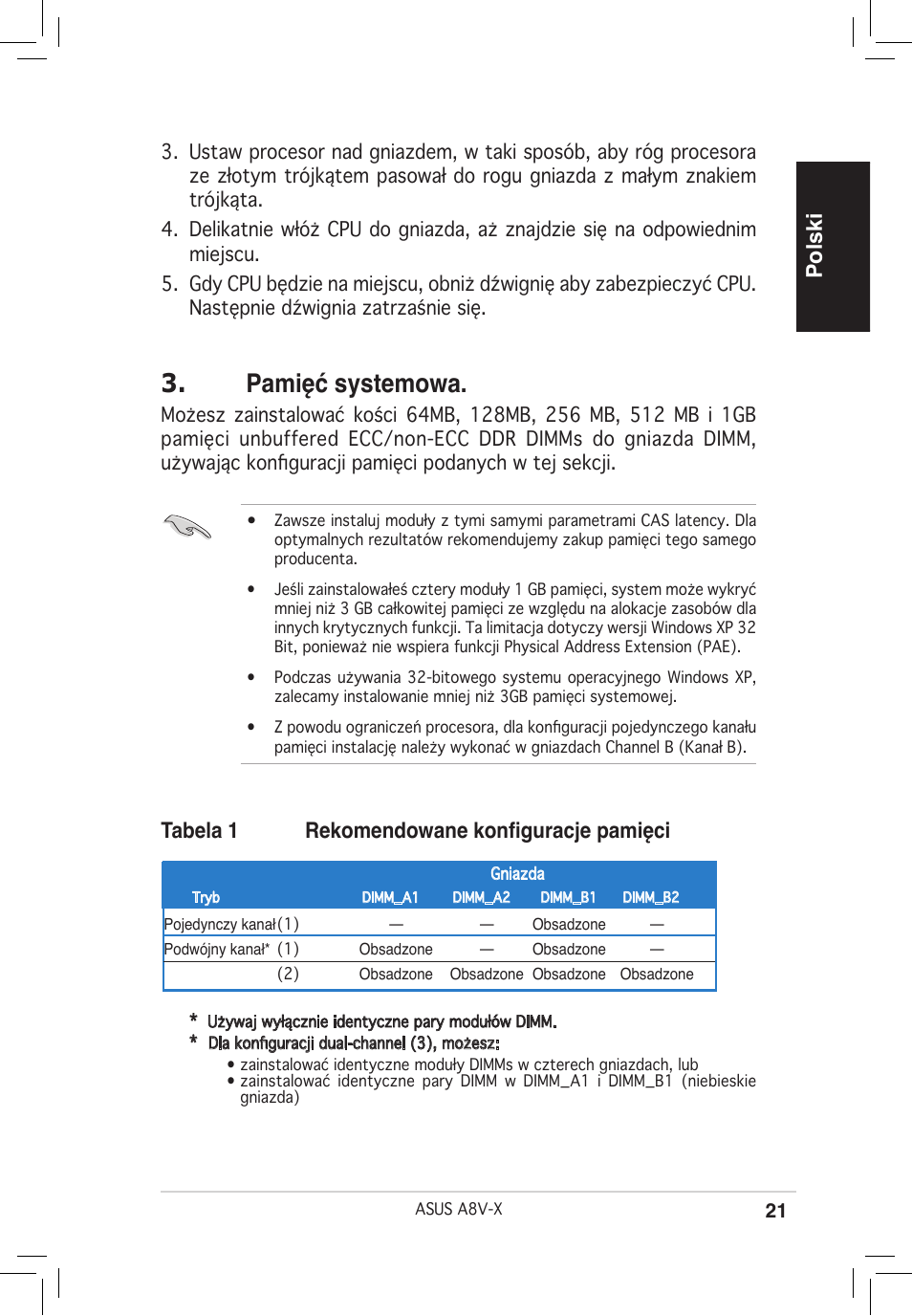 Pamięć systemowa, Polski, Tabela 1 rekomendowane konﬁguracje pamięci | Asus A8V-X User Manual | Page 21 / 38