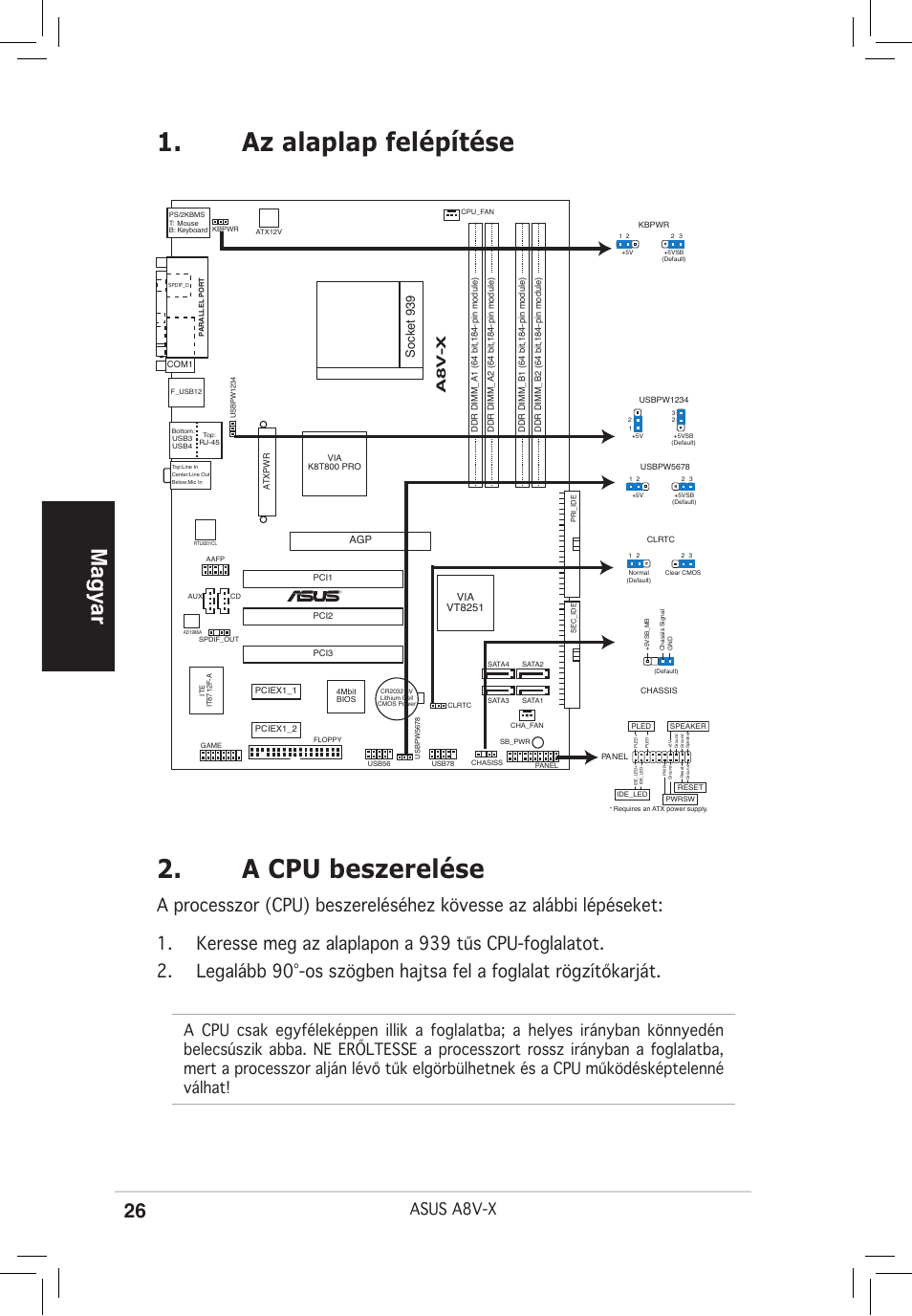 A cpu beszerelése, Az alaplap felépítése, Magyar | Asus a8v-x, A8 v -x, Socket 939 | Asus A8V-X User Manual | Page 26 / 38