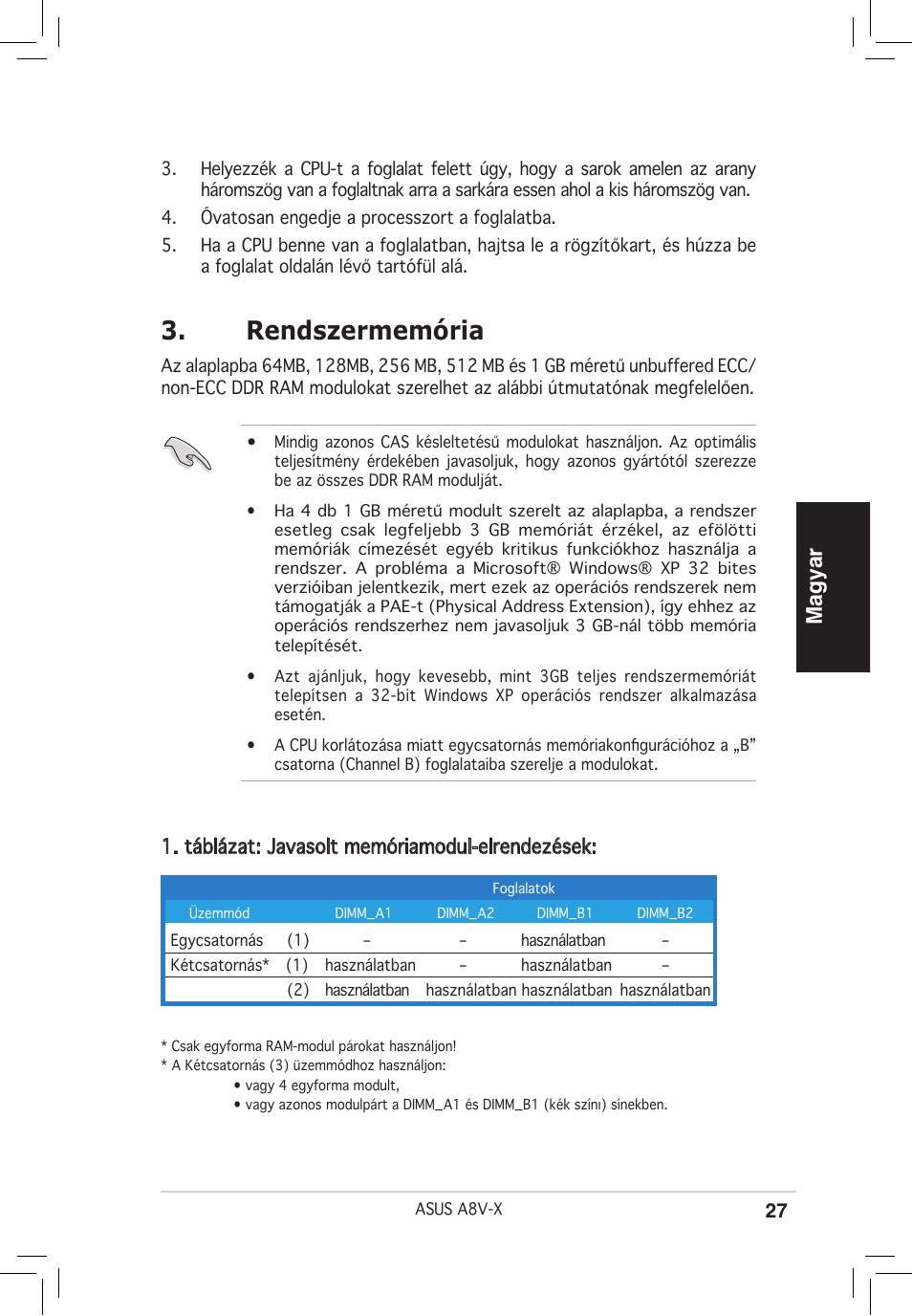 Rendszermemória, Magyar, Táblázat: javasolt memóriamodul-elrendezések | Asus A8V-X User Manual | Page 27 / 38