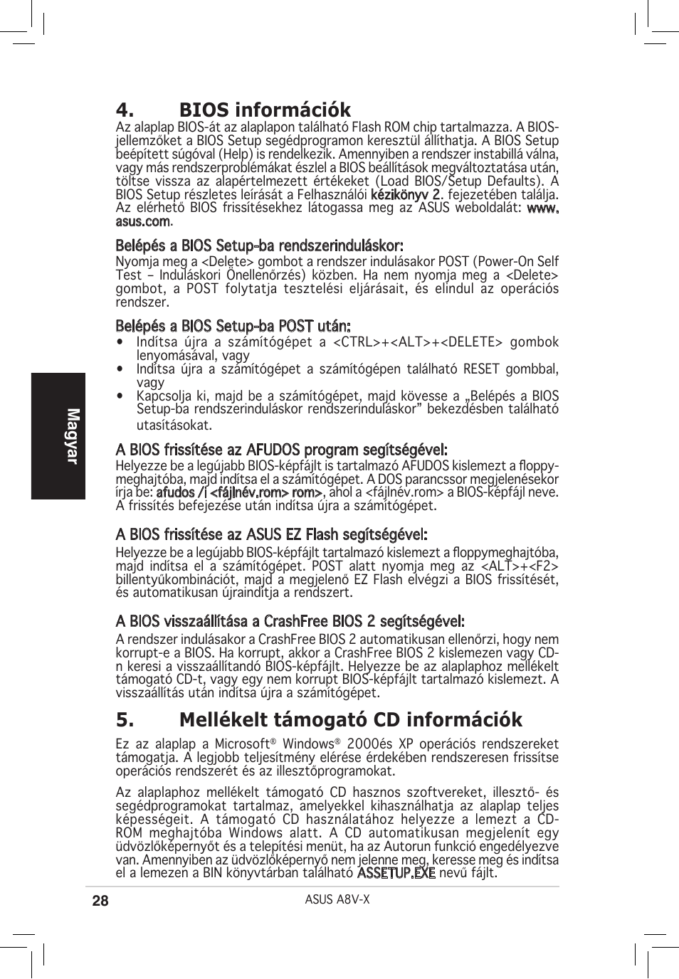 Bios információk, Mellékelt támogató cd információk, Magyar | Asus A8V-X User Manual | Page 28 / 38