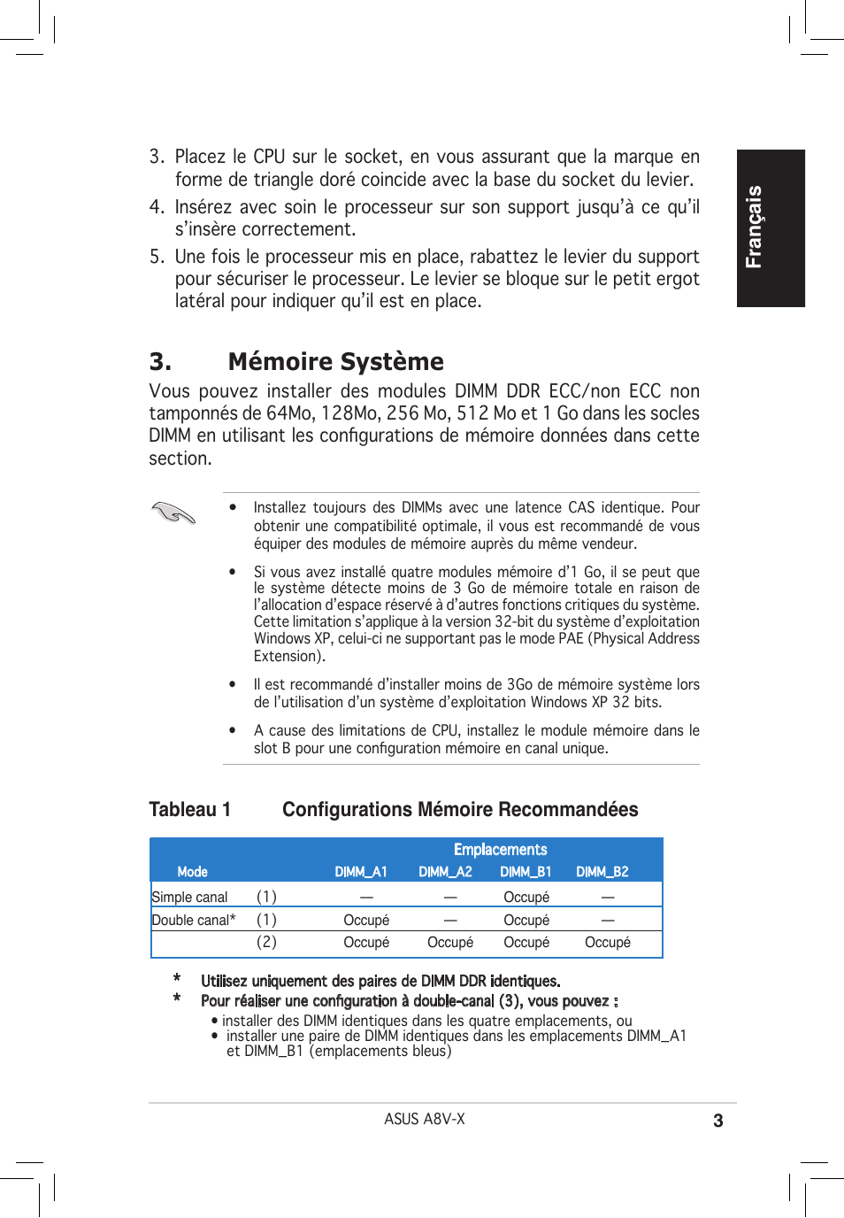 Mémoire système, Français, Tableau 1 conﬁgurations mémoire recommandées | Asus A8V-X User Manual | Page 3 / 38