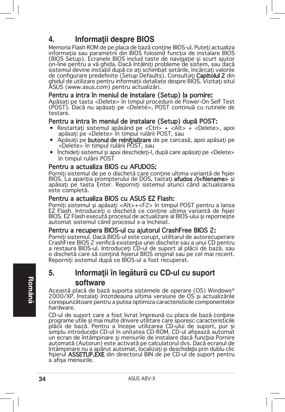 Informaţii despre bios, Informaţii în legătură cu cd-ul cu suport software, Română | Asus A8V-X User Manual | Page 34 / 38