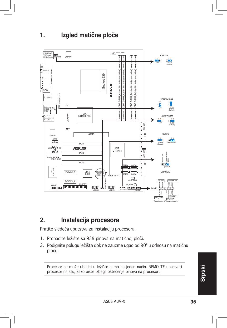 Izgled matične ploče 2. instalacija procesora, Srpski, Asus a8v-x | A8 v -x, Socket 939 | Asus A8V-X User Manual | Page 35 / 38
